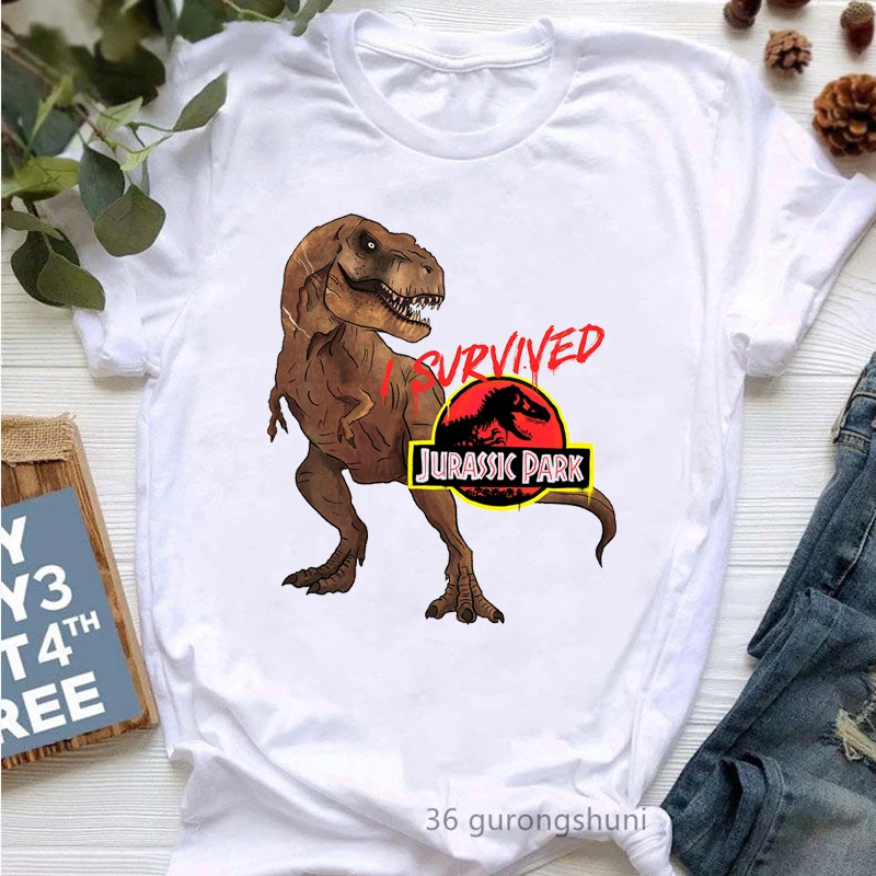 

I Survived Jurassic Park Graphic Print Tshirt Women Clothes 2024 Funny Dinosaur Animal T Shirt Femme Harajuku Kawaii Shirt