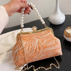 2024 New Elegant Women Silk Satin Evening Clutch Pearl Shell Clip Blue Chain Shoulder Bags Wedding Party Bridal Small Handbags