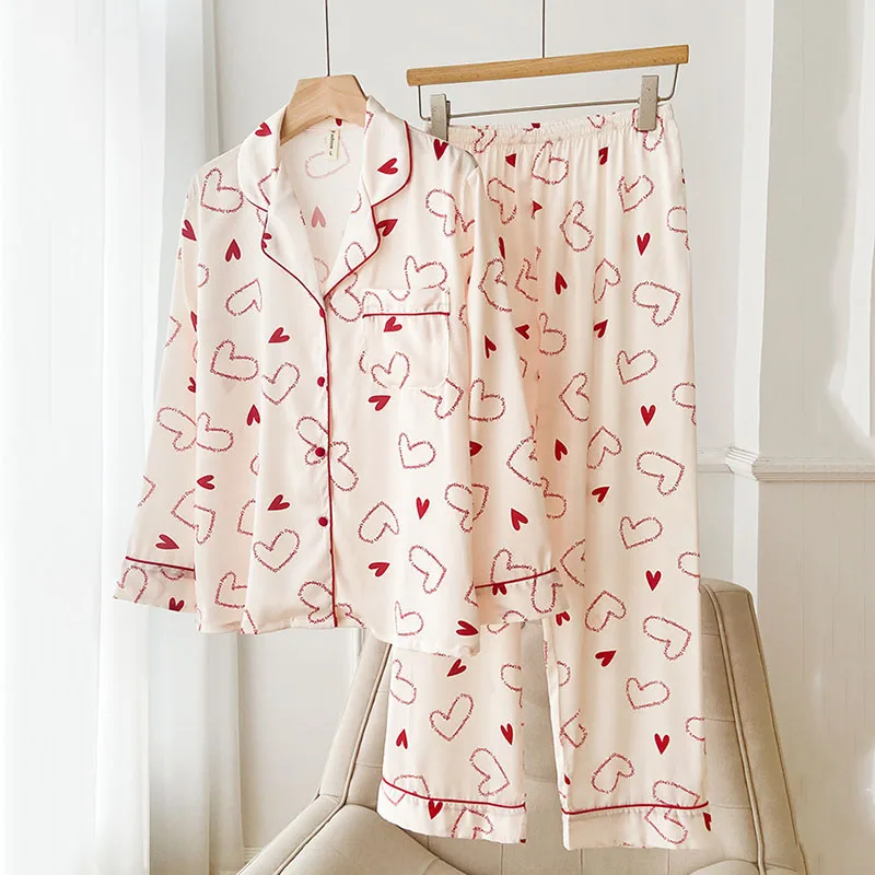 Women Long Sleeve Trouser Pajamas Set Print Love Silk Satin Sleepwear Pyjama Pour Femme Spring Autumn Loose Home Wear Loungewear