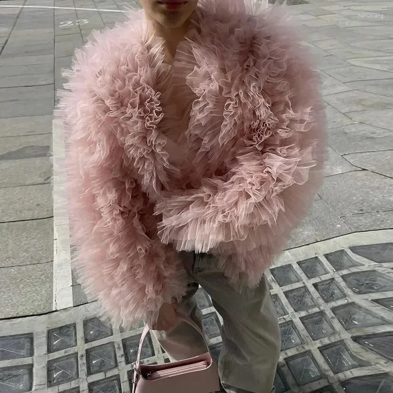 Moda de rua feminina jaqueta rosa tule blusa puff topos com mangas capa feminina topos plissados em camadas