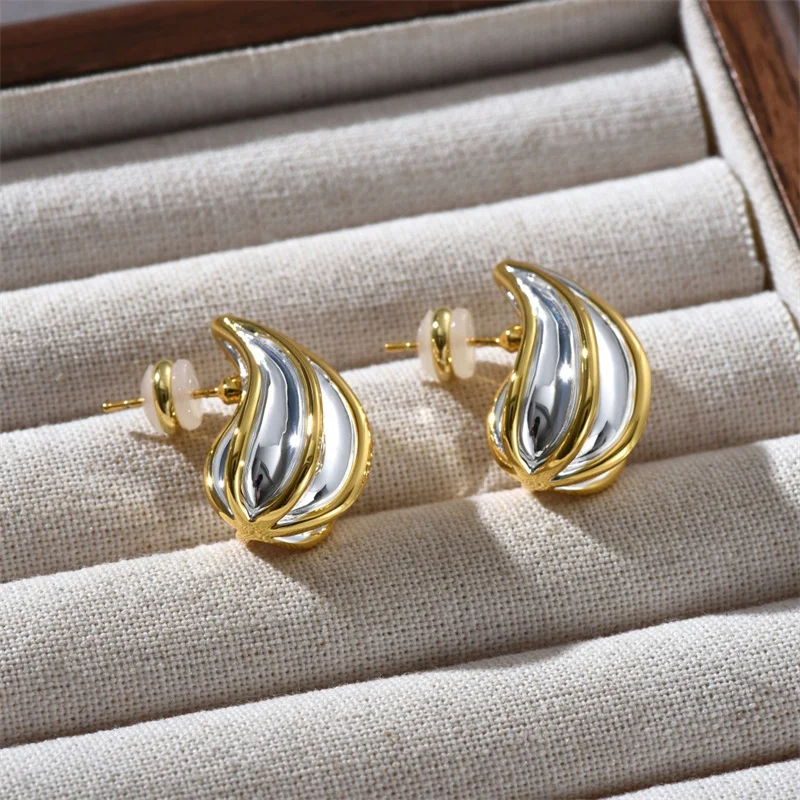 Ins Cold Wind Wrinkle Water Drop Double Color S925 Silver Needle Earrings for Women Wave Texture Fashion All-match Jewelry Gift