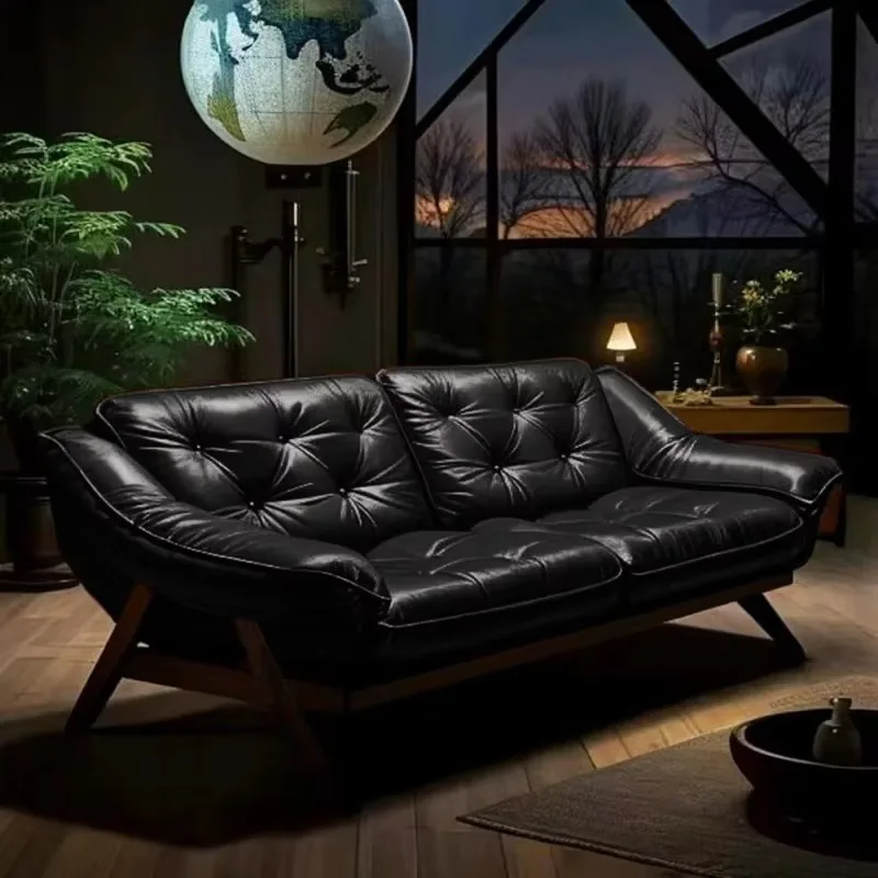 Medieval leather sofa, light luxury villa small apartment living room American first-layer cowhide straight row combination