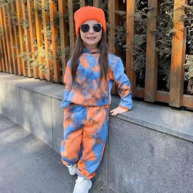 1-8years Autumn Baby Girls Clothes Autumn Children\'s Clothing Sets Tie Dye Long Sleeve Hooded Shirt+Sport Pants Toddler Kids