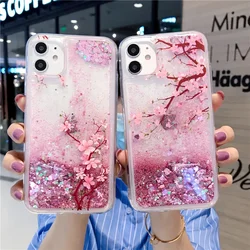 Pink Cherry Blossoms Bottle For iPhone 16 Pro Max 14 15 Plus 11 12 13 Mini XS XR SE3 Case Glitter Shiny Liquid Quicksands Covers