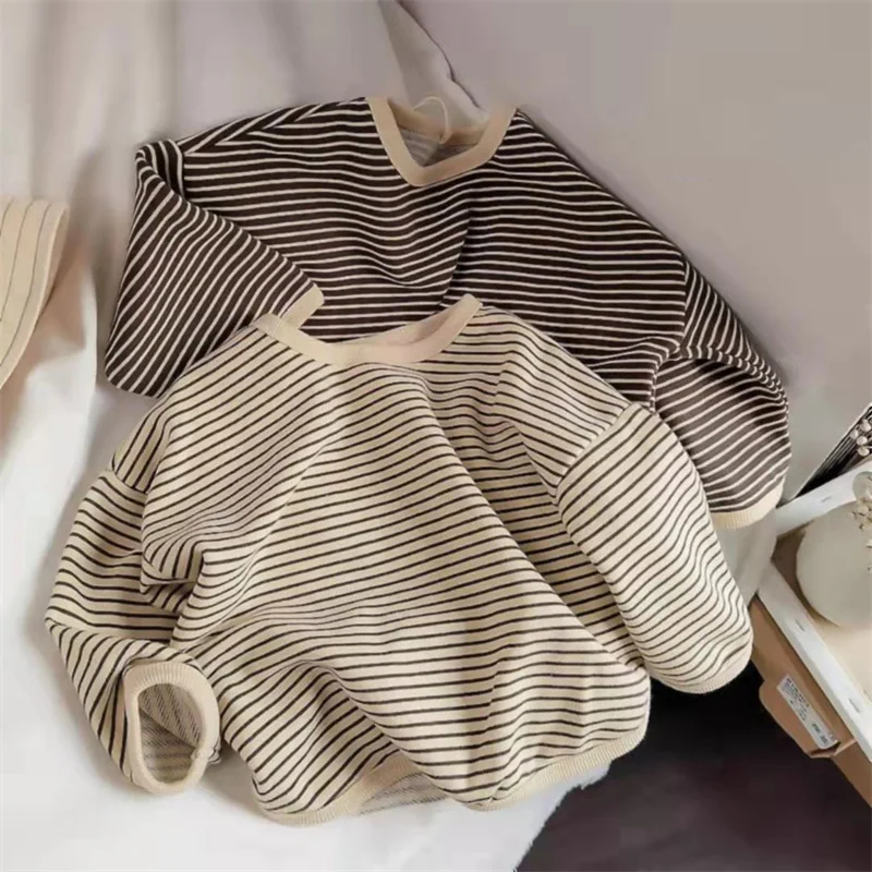 Lawadka-ropa de algodón para niños, camisetas de manga larga a rayas para bebés, Tops informales para niños, camiseta de otoño y primavera, 1-8T