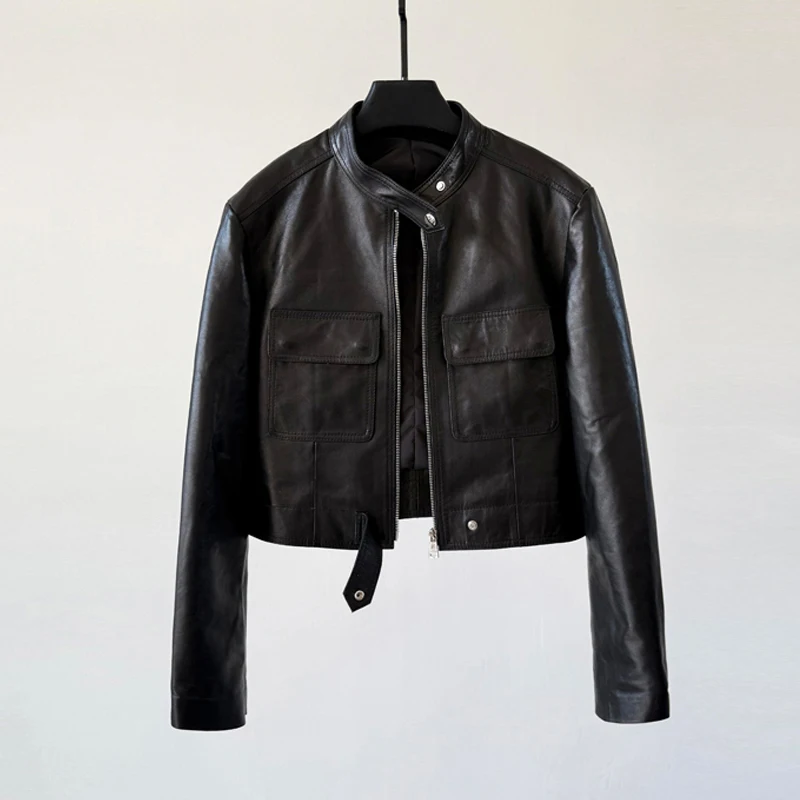 Mode col montant femmes a-livre en peau de mouton Moto vestes manteau rétro huile cire cuir coupe ajustée femme en cuir véritable veste hauts