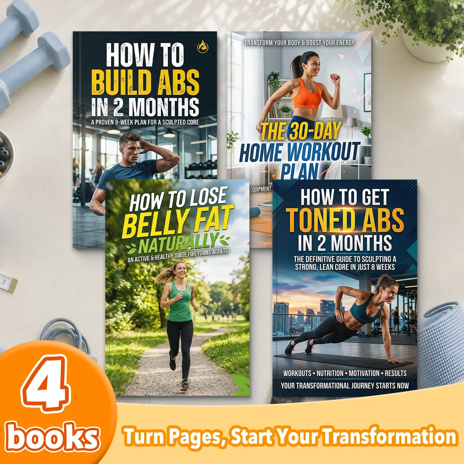 4-Volume Home Fitness & Core Training Collection, 30-Day Workout Plan, 8-Week Abs Exercises, Body Toning, Strength Training