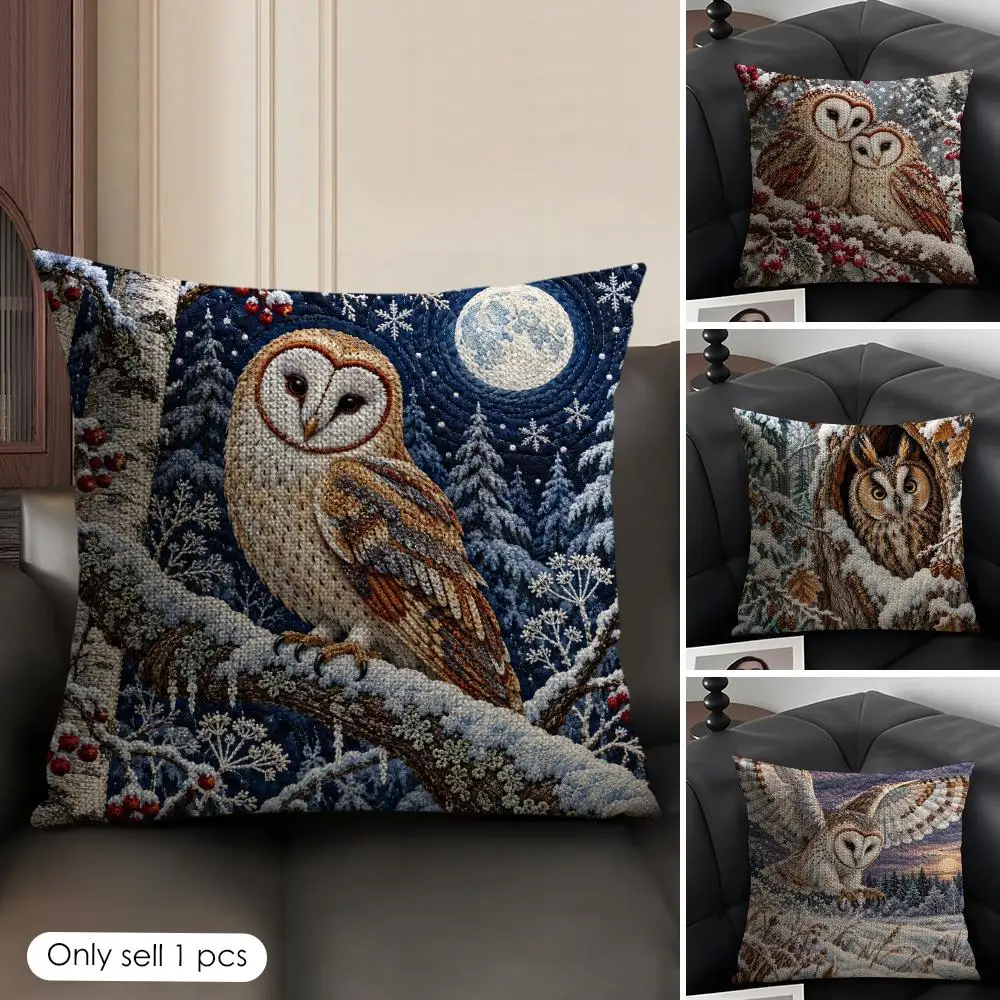 Winter Woodland Barn Owl Folk Art Cushion Cover Skin-Friendly Organic Linen Pillow Cover Durable Hypoallergenic Washable Soft