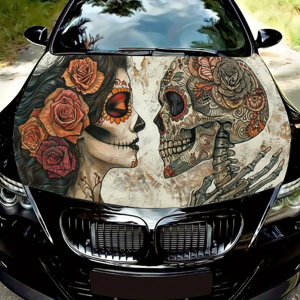 

Sweet Mexican Sugar Skull Girl and Skull PVC Car Vinyl Wraps, Self-Adhesive Waterproof Car Hood Decal Sticker, Car Decoration Pr