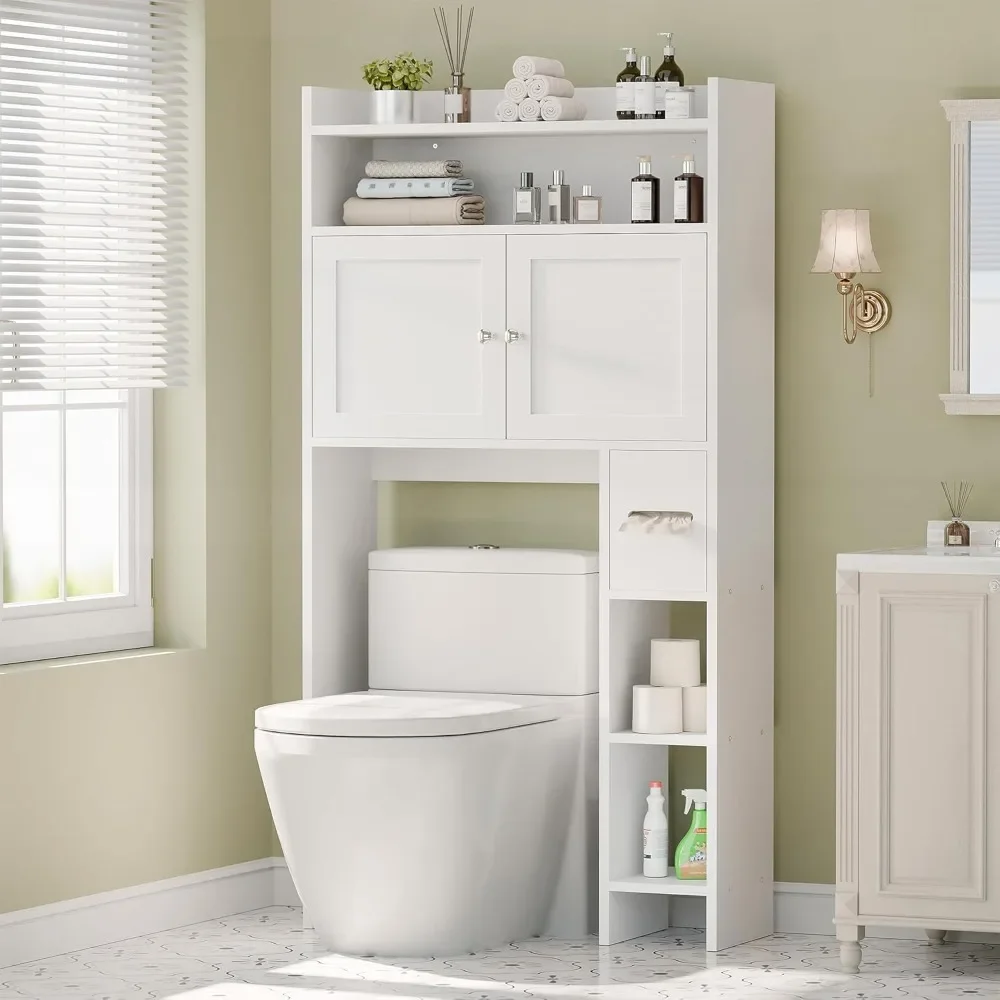 

The Toilet Storage Cabinet with Doors, 32" Bathroom Storage Organizer with Side Shelves, Space-Saving Toilet Storage Rack