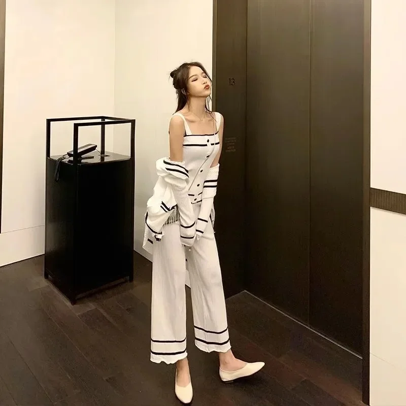 Fashion Contrast Stripe Lapel Cardigan Pocket Top+high-waisted Ankle-length Pants Knitting 2-piece Suit Female Sports Sets N704