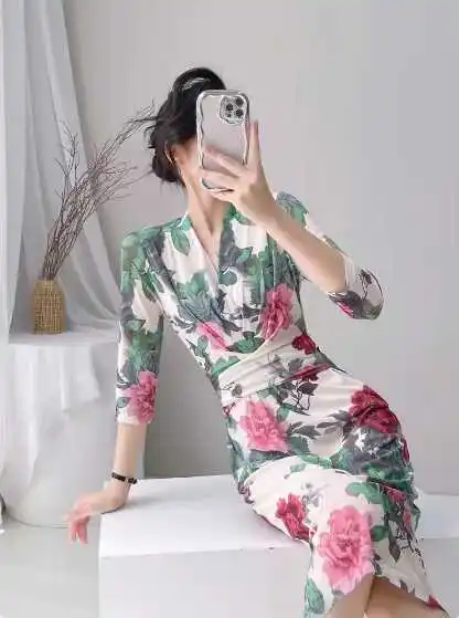 

Новое китайское платье с запахом, облегающее платье с цветочной вышивкой и высокой талией Seven Sve, длина V Ne X ape, летнее платье для женщин