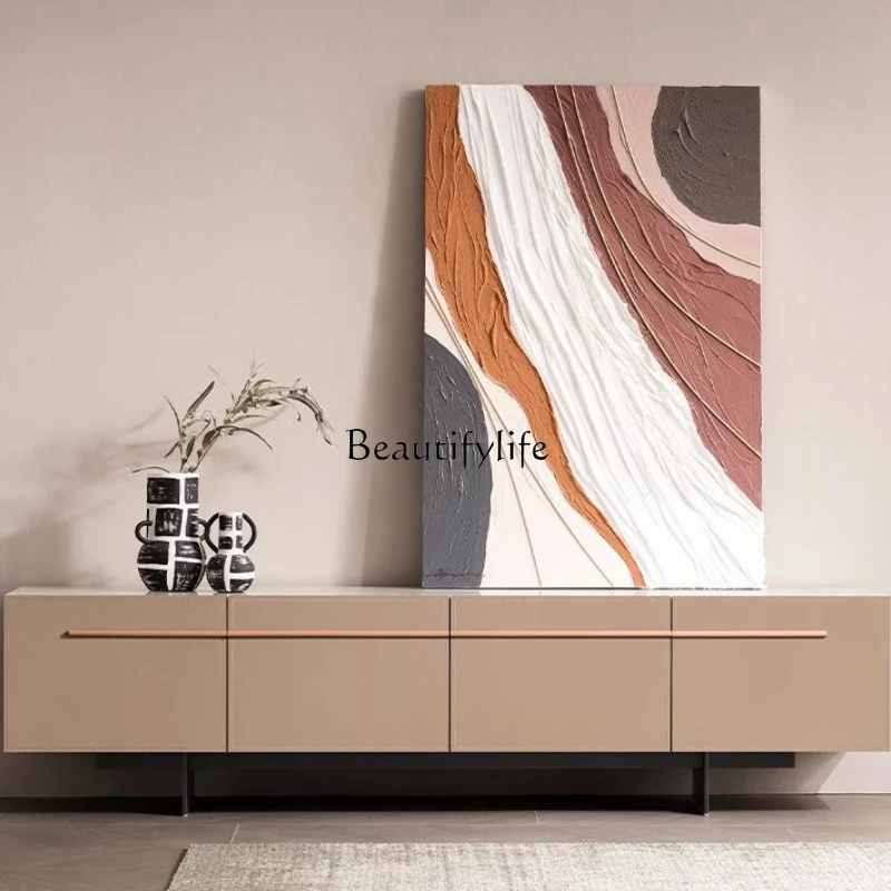 

Italian minimalist TV cabinet living room size light luxury high-end saddle leather floor cabinet