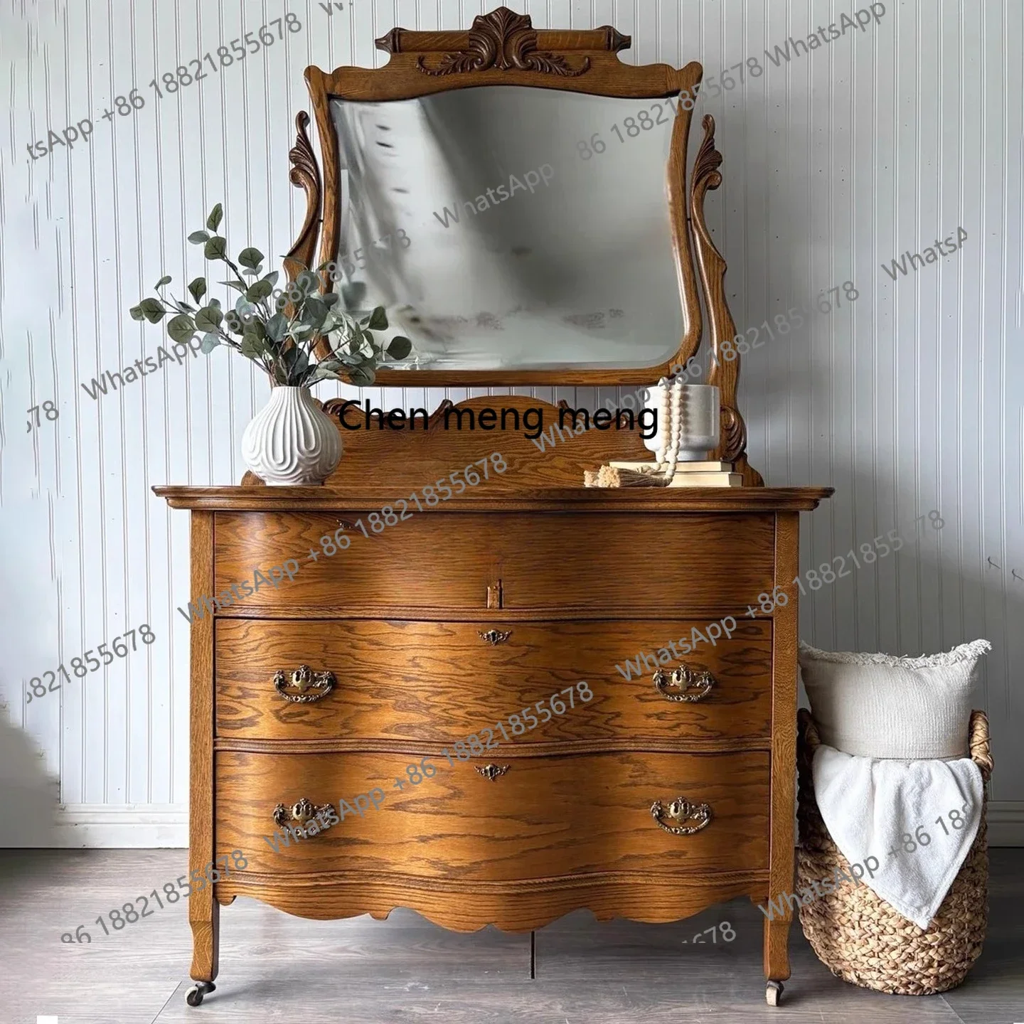 프랑스 레트로 원목 화장대 물푸레나무 화장대 침실용 화장 거울 수납장 H
