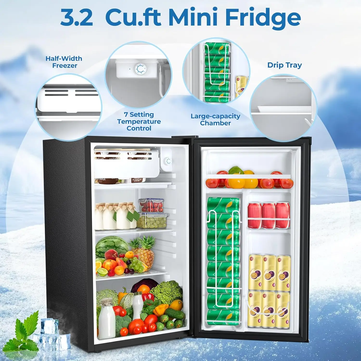 ثلاجة صغيرة 3.2 قدم مكعب مع فريزر، ثلاجة مدمجة مع باب واحد قابل للعكس، ترموستات قابل للتعديل، ضوضاء منخفضة، طاقة E #2