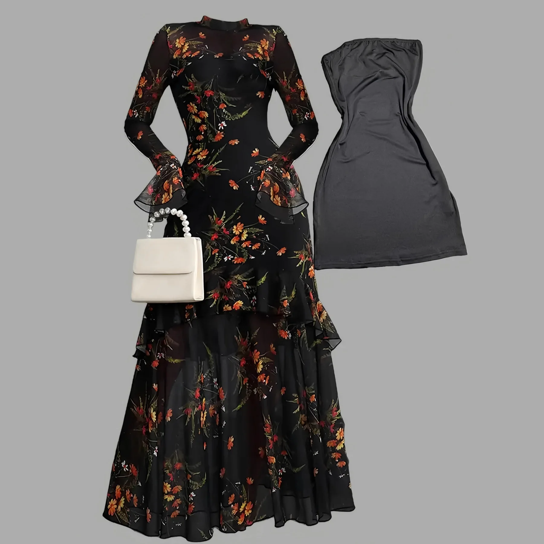 

Two Pieces Women Dress Sets Print Matching Set Strapless Bodycon Skirt Flare Sleeves Ankle Length Dress Loose Casual 2026 Spring
