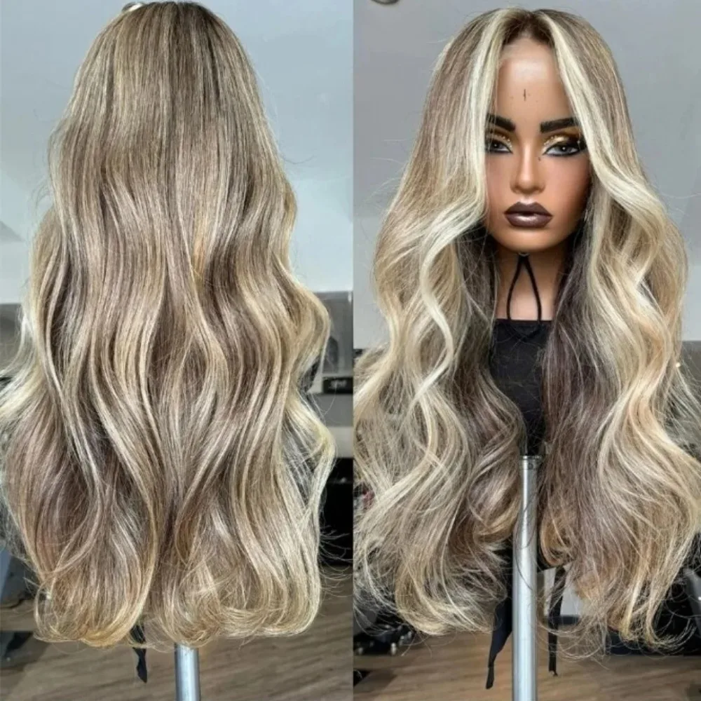 Highlight Ash Platinum Blonde Lace Front Wig Long Wavy Ombre Brown Blonde 13x4 Synthetic HD Lace Front Wigs for Women 24 Inches