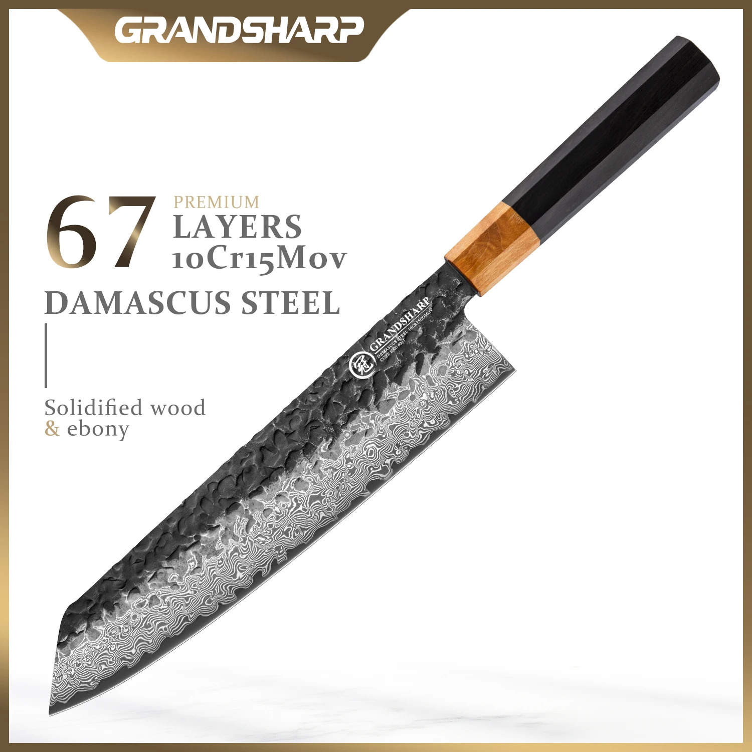 

Grandsharp 8.5 Inch Kiritsuke Knife 67 Layers Damascus Steel Blade with Ebony Handle Kitchen Tool for Meat and Vegetables