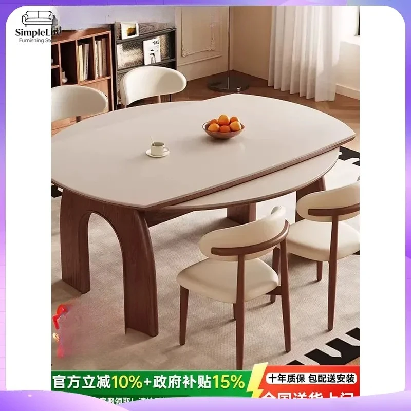 French Medieval Solid Wood Travertine Dining Table Round Extendable Rock Slab Kitchen Furniture for Small Apartment Home
