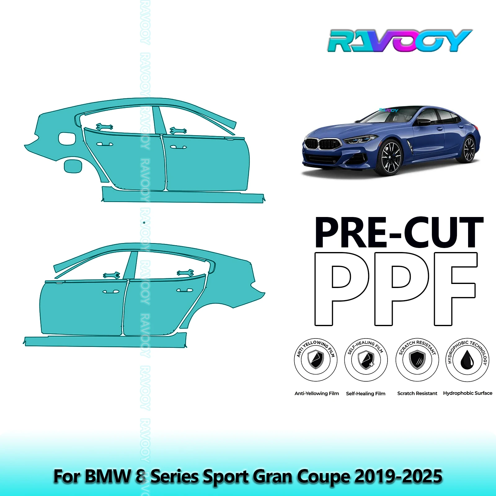 

For BMW 8 Series Sport Gran Coupe 2019-2025 8.5mil Clear Matte Pre-Cut PPF Door & A/B Pillar Kit TPU Paint Protection Film Set