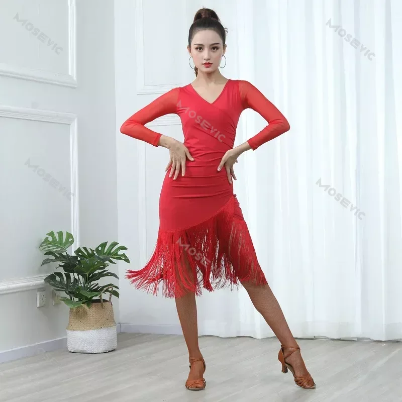 Traje de dança latina adulta, vestido feminino, saia borla, fato novo de prática, bonito, verão