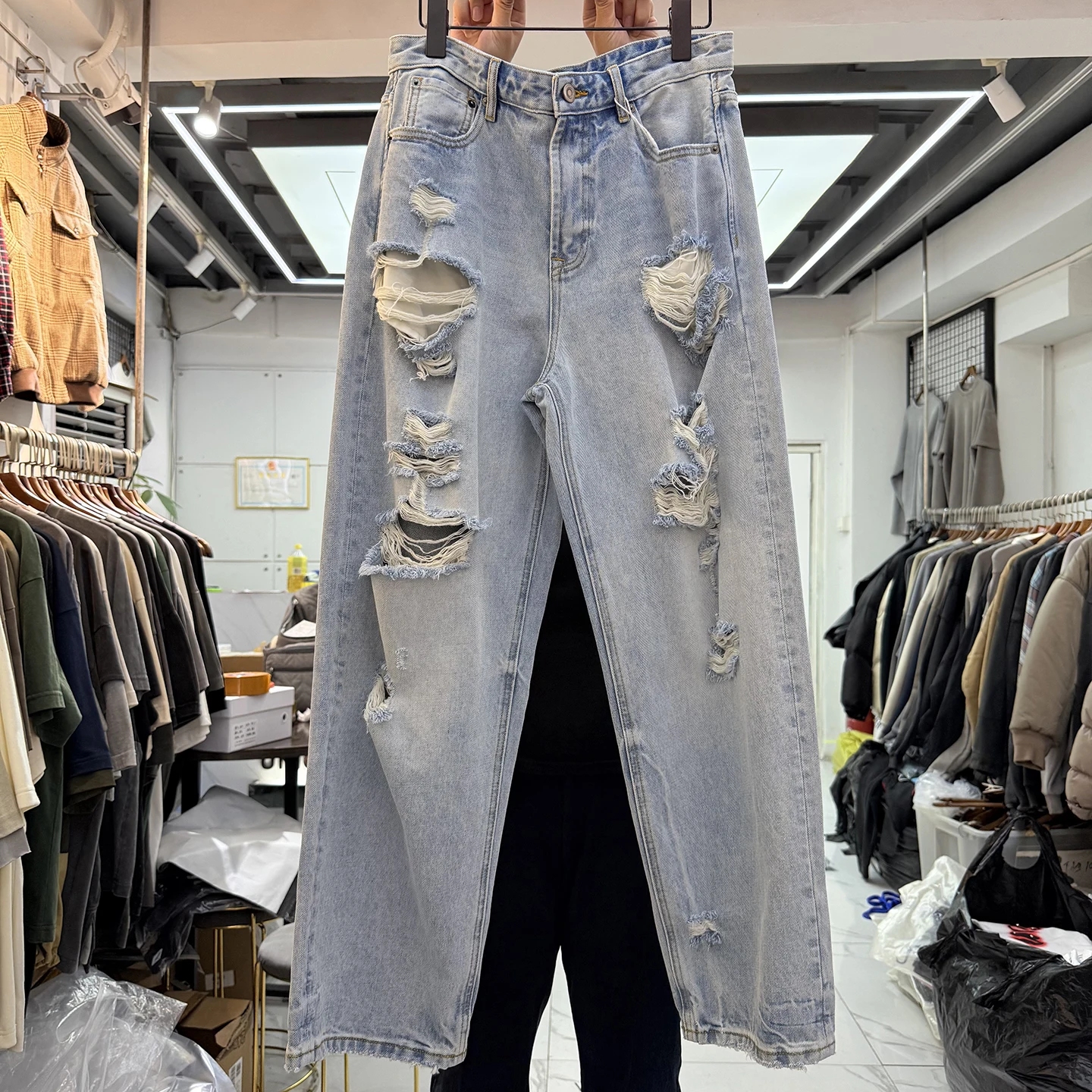 

Retro Waed Heavyweight Men's And Women's Casual Straight Leg Jeans Autumn Winter Distred Denim Pants Loose Fit Long Trou...