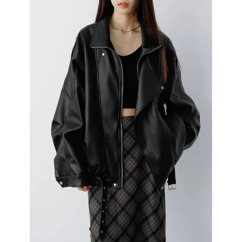 HELLOMARCEL US EU Size Luxury Quality Women Faux Leather Jacket Heavy-Duty Oversize Vintage Washed Motorcycle Jacket