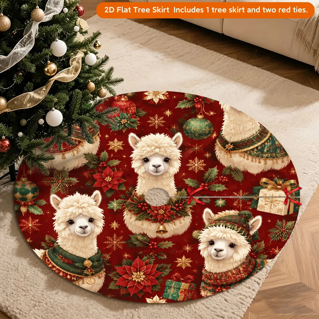 VIKAMA Christmas Tree Skirt Cute Alpaca Llama Xmas Sweater Poinsettia Holly Gift Print Non‑Slip Washable Round Holiday Tree Base