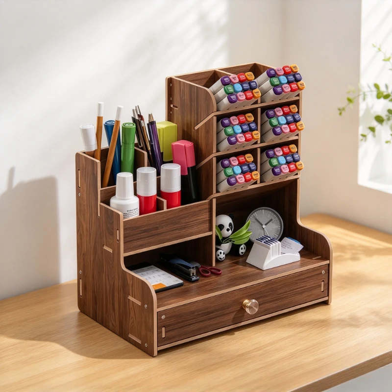 Wooden Desk Caddy with Drawer Multi-grid Stationery Organizer for Markers Pens Storage Holder for Office School Desk Supplies