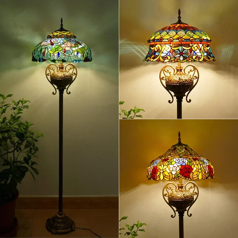 SOURA Tiffany Floor Lamp American Retro Living Room Bedroom Lamp Country  Stained Glass Floor Lamp