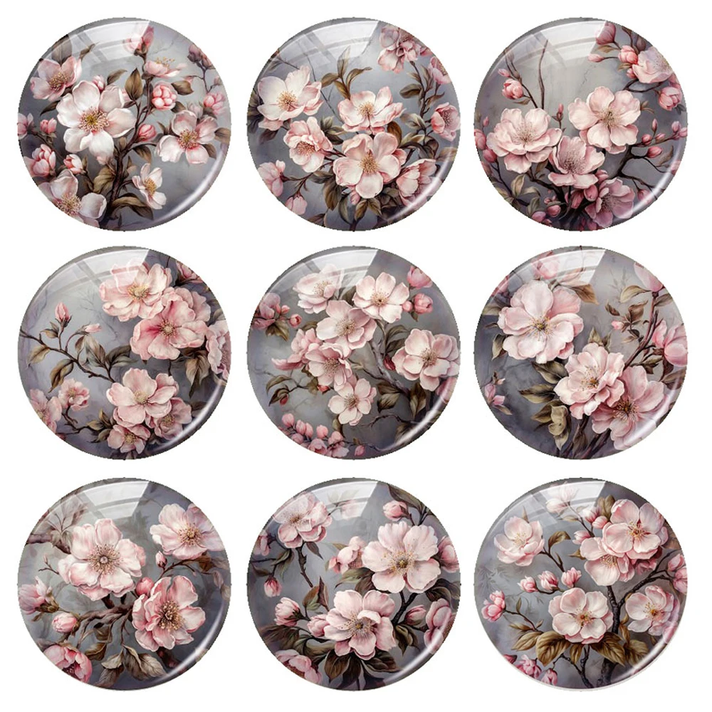 Flower Plum Blossom Round Photo Glass Cabochon Flatback Charms Demo Flat Back Cameo For Diy Jewelry Making Findings Accessories