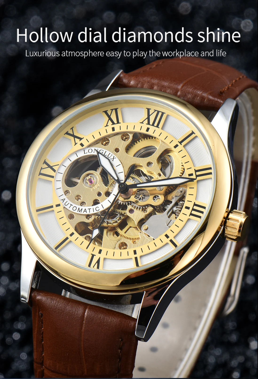 Herren-Automatikuhr, Luxuriöse Mechanische Uhr mit Römischen Ziffern, Wasserdicht, Skelett-Design, Nachleuchtend, Lederarmband, Herrenuhr, Ideal als Geschenk – Detail 4