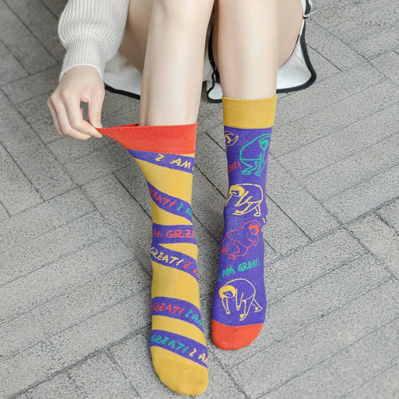 2023 New Hot Selling High Quality Cute Socks Women Asymmetry Socks Personality Fashion Woman Stockings Cartoon Animal Plant Sock