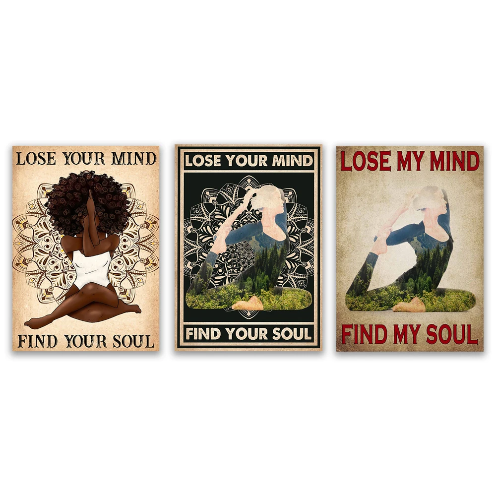 Yoga lose your mind find your soul retro poster, african queen girl yoga, nature yoga, yoga poses, yoga adventure forest poster