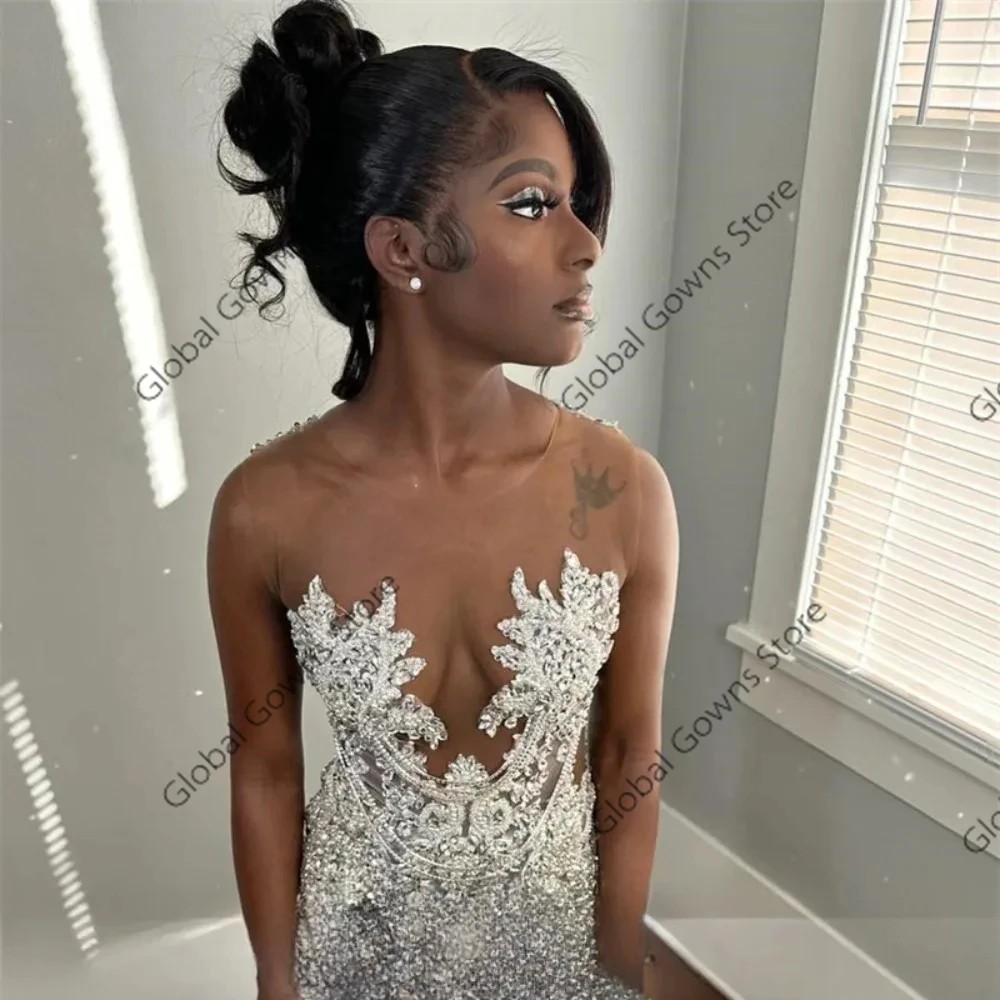 Silver O Neck Beaded Appliques Long Prom Dresses For Black Girls Sequined 2024 Birthday Luxury Dress Tassel Graduation Gown