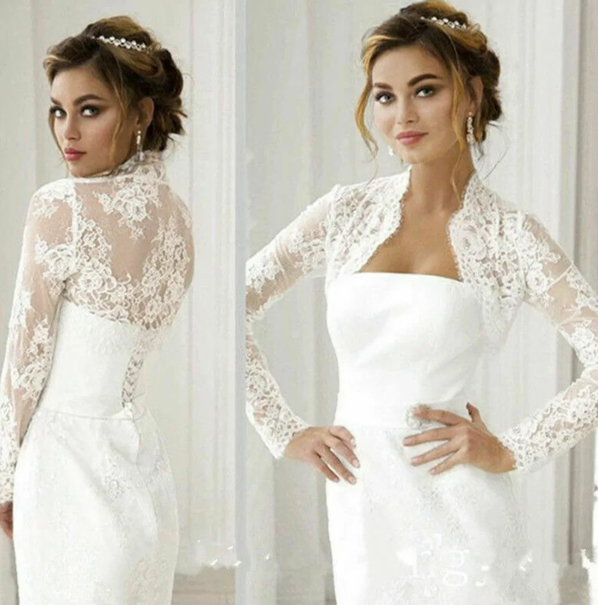 

GOHYPDUG Wedding Bolero Long Sleeve Bridal Jackets Lace Top White Ivory Wraps Bride Jacket