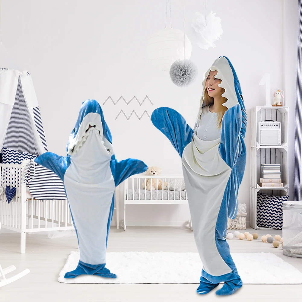 Shark Schlafsack Schal Mit Kapuze Flanell Decke Homewear Kleidung Cartoon Pyjamas Büro Nickerchen Tier Overall Für Kinder Erwachsene