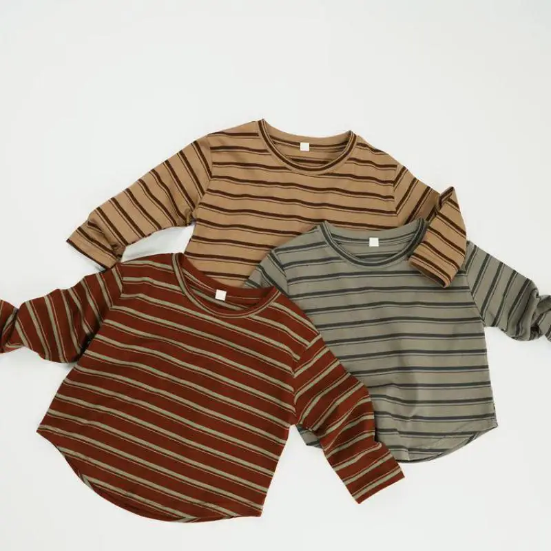 

Autumn New Children Long Sleeve Striped T Shirts Cotton Boys Girls Loose Casual Pullover Vintage Versatile Kids Bottoming Shirts