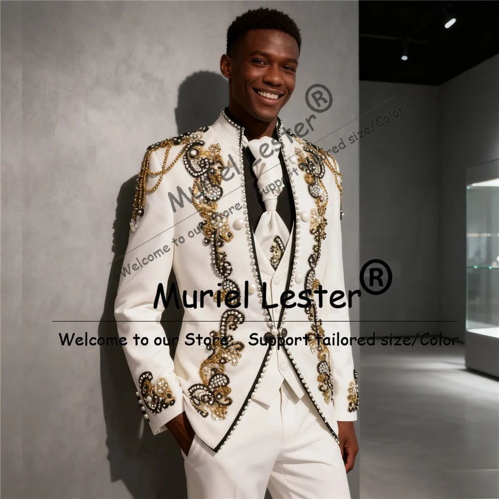 Exclusive Pearls Beaded Suits Men For Wedding Italian Desingn Groom Blazers Customized 3 Pices Costume Homme Business Tuxedos