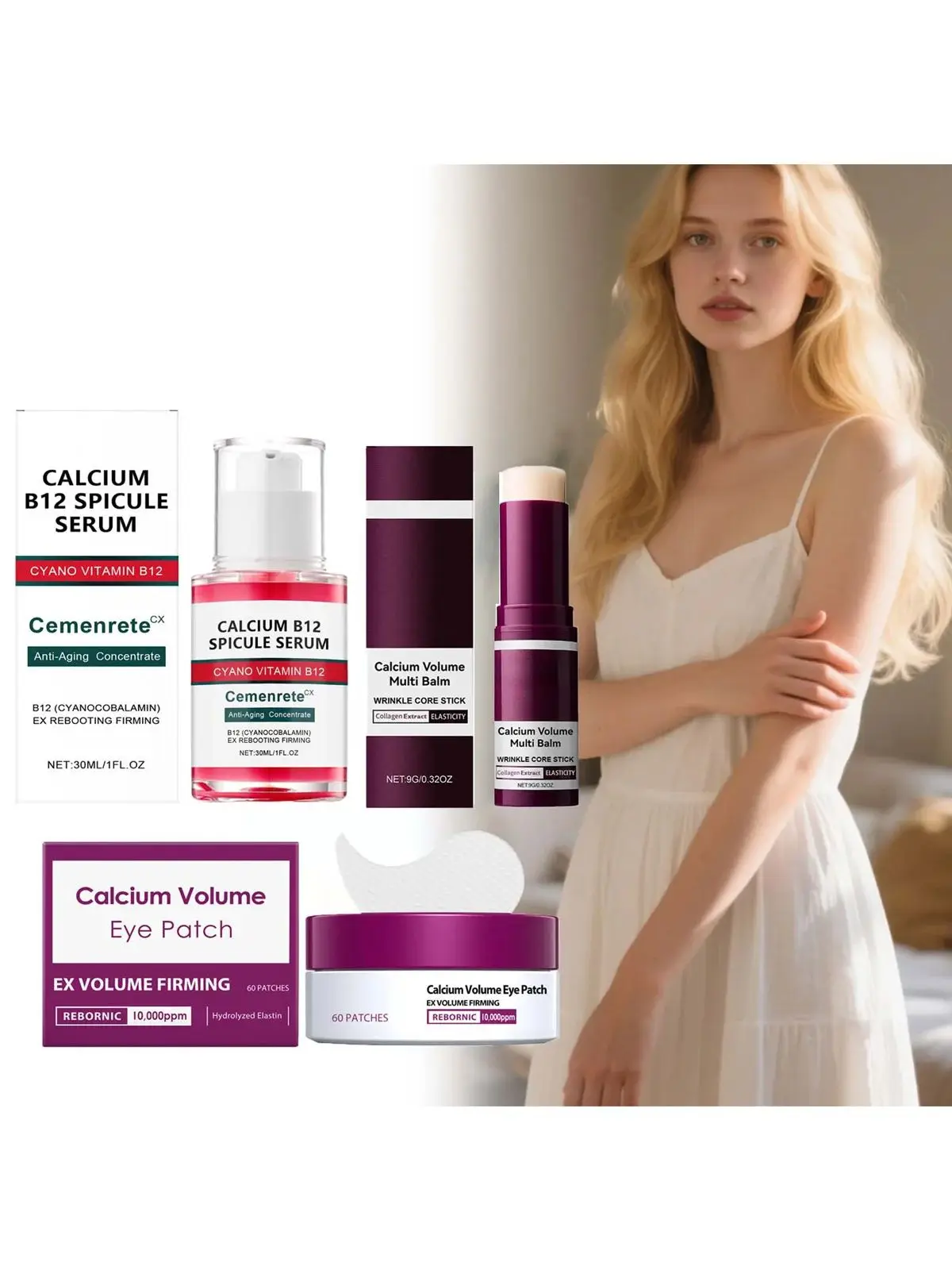 Calcium-Hautpflege-Set, Anti-Aging, Calcium-Volumen, Gesichtsserum, Augenklappen, Multi-Balsam, verblasst feine Linien, reduziert Augenringe, nährt