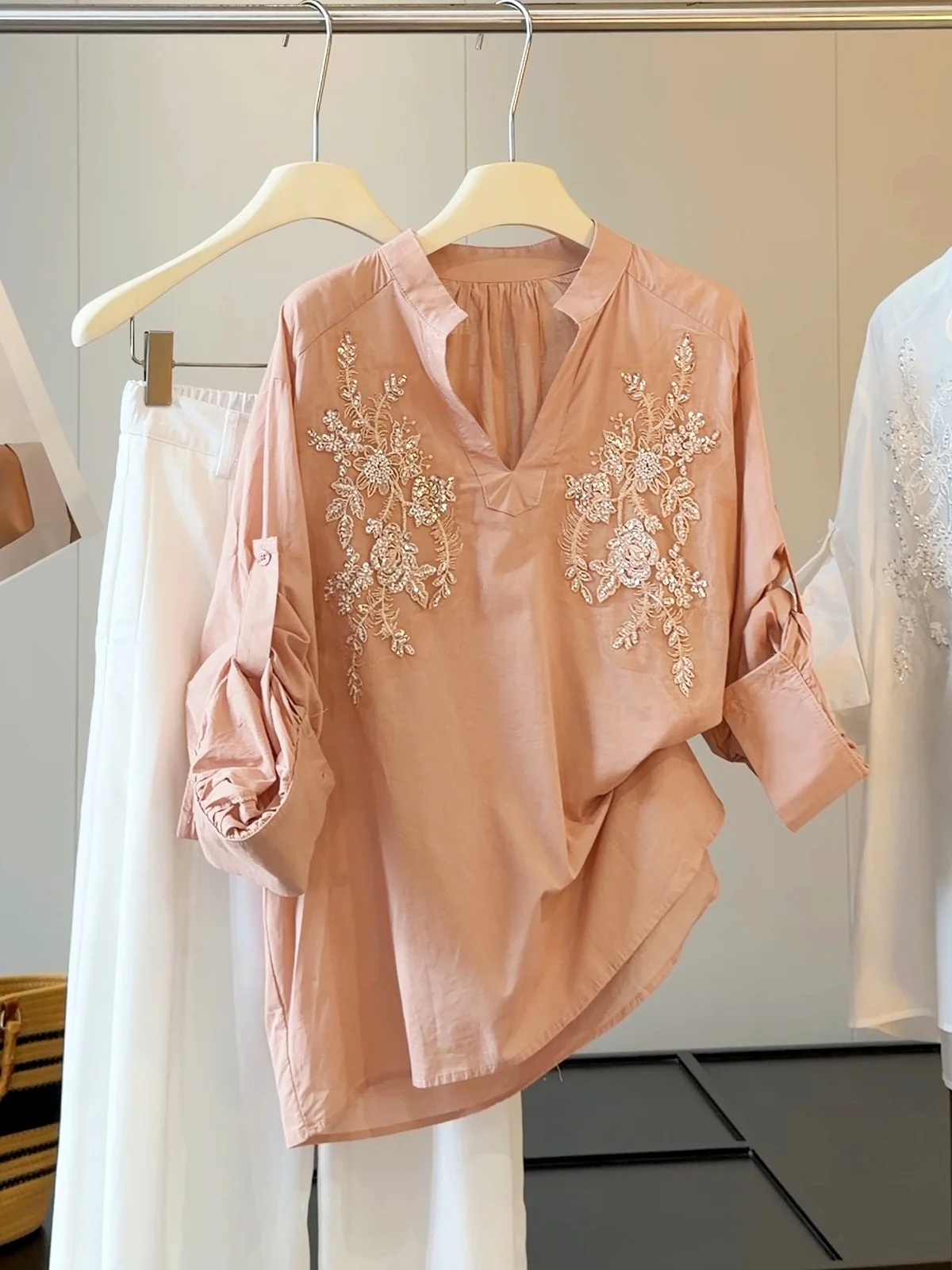 Harajuku Pink Embroidered Floral Blouse V-neck Roll-up Sleeve Loose Fit Casual Shirt For Women French Cottagecore Garden Outfits