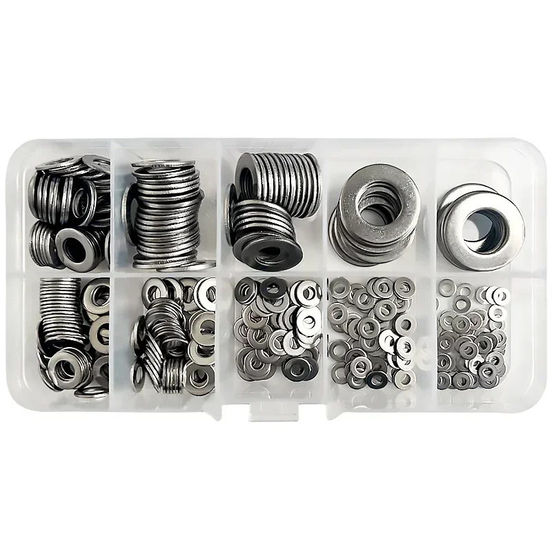 360 Pcs M2 M2.5 M3 M4 M5 M6 M8 M10 Kit Box 304 Stainless Steel Washer Set Adjusting Shim Plain Gasket Assortment