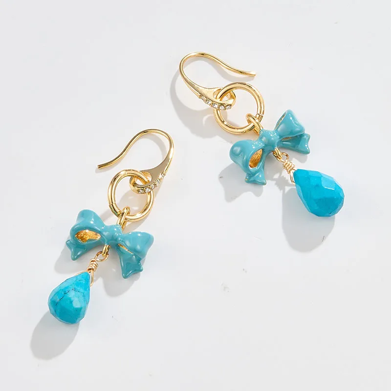 

Retro Blue Bow Turquoise Water Drop Earrings for Women, Palace Style, High-end, Playful Earrings, Temperament Cute Rhinestone