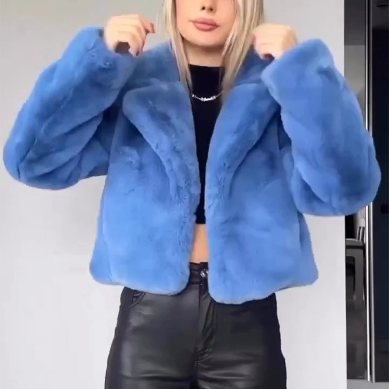 Luxury Designer Faux Rabbit Fur Coat Women Brand Fashion Girls Blue Cropped Plush Jacket 2023 Winter Chic Ins Style Overcoats