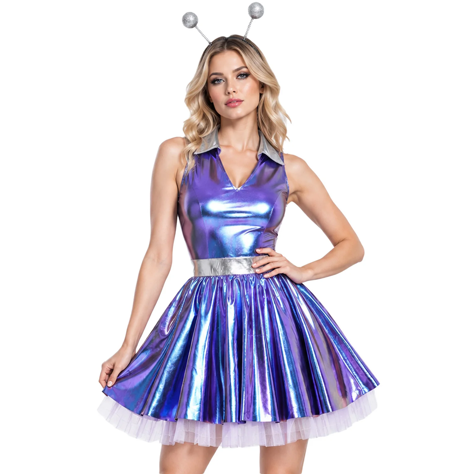 Women's Role-play Alien Suits Outer Space Cosplay Costume Lapel Metallic Dress with Hair Hoop for Halloween Party Stage Dance view 6