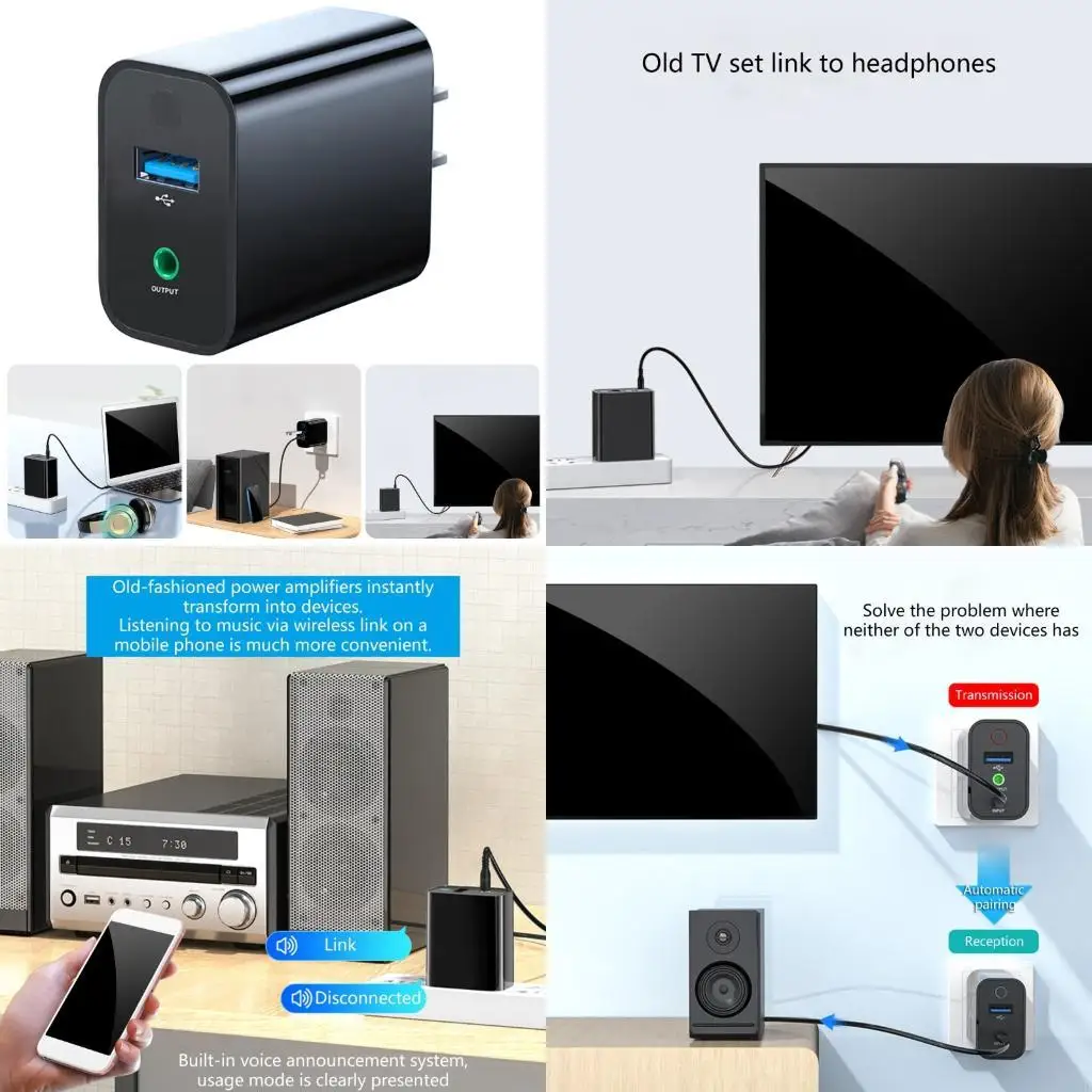 C90F 호환 5.0 오디오 송신기 수신기 수신기 Double USB Auxes Mode Auto Reconnects PC 홈 시어터