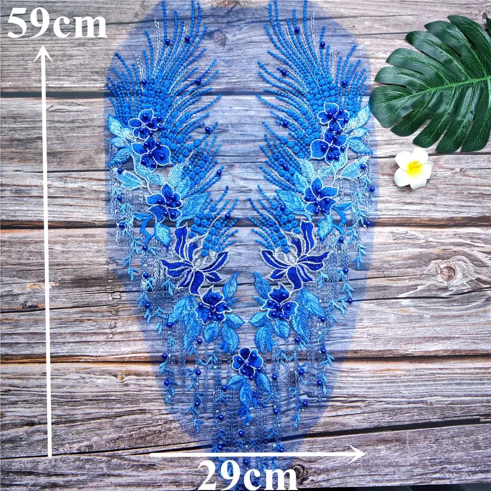 Blue Lace Fabric Flower Tassel Beads Rhinestone Embroidered Gown Appliques Trims Collar Mesh Sew Patch For Wedding Decoration