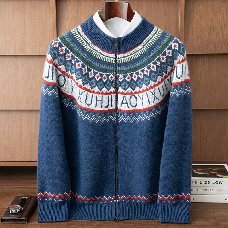 

Осень-зима, мужской кашемировый кардиган на молнии, толстый свитер с длинными рукавами, пальто, умная повседневная жаккардовая одежда, трикотаж из 100% кашемира