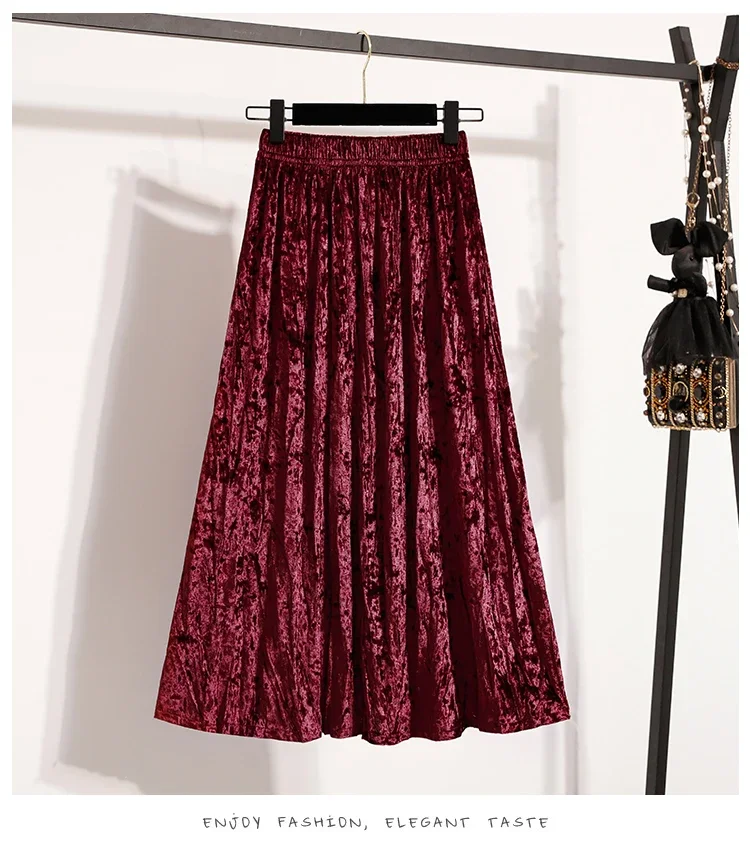 Burgunderroter Plissierter Samt-Midi-Rock für Damen, A-Linie, Herbst/Winter 2026, Vielseitig, Figurbetont, Mittellang, Lässig, Vielseitige Halbrocke – Detail 14