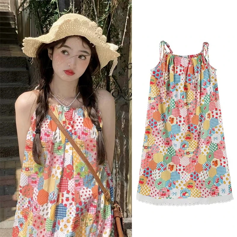 

Dopamine Floral Sling Dress Summer Age-Reducing Loose Seaside Holiday Beach Long Dress Cute Student Lace-Up Women's Clothing